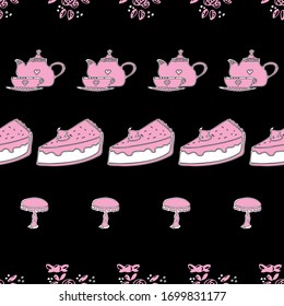 Pink teapot, cake and cup seamless repeat pattern