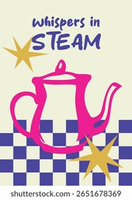 Pink teapot with a checkered pattern, invoking 'Whispers in Steam'—great for minimalist tea décor.