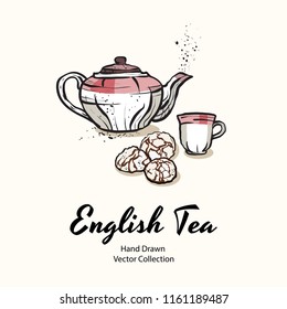 Pink teapot, cup and biscuits hand drawn vector illustration in old style for cafe menu, logo, banner, flayer, coffee shop, sticker, flyer. Tea time illustration. Coffee break graphic. Ink line sketch