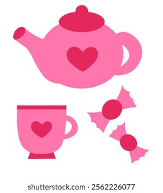 Pink teapot, cup and candy. Valentine day Elements. Vector flat illustration.