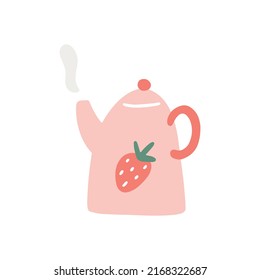 A pink teapot isolated on a white background. Tea time. Hand drawn flat vector illustration for book, postcard, poster, t shirt.