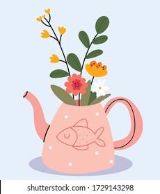 Pink teapot with painted fish.Cute teapot with bouquet of flowers. Spring flowers.Perfect for greetings, cards, posters, congratulations, tea shop or store.