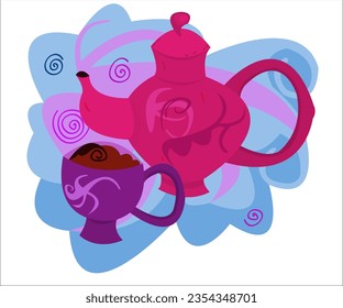 A pink teapot with patterns and a violet cup with hot tea on a romantic cosy background. This cartoon illustration can be used as a logotype for cafes, cafeterias, bars, tea shops. Vector, isolated.