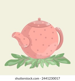 Pink teapot with polka dot teapot. A teapot for making hot drinks. Ceramic utensil for boiling water for tea and coffee. Cartoon flat vector illustration on olive background. Vector