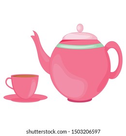 Pink Teapot, Teacup and Saucer - Cartoon Vector Image