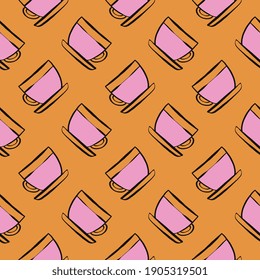 Pink tea,seamless pattern on orange background.