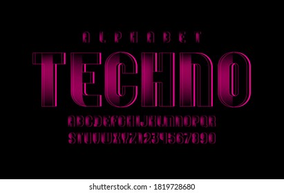 Pink technical font, digital alphabet, letters (A, B, C, D, E, F, G, H, I, J, K, L, M, N, O, P, Q, R, S, T, U, V, W, X, Y, Z) and numbers (0, 1, 2, 3, 4, 5, 6, 7, 8, 9), vector illustration 10EPS