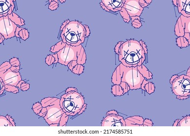 Pink teddy bear drawings, seamless pattern repeating texture background design for fashion graphics, fabrics, textile prints, wallpapers.