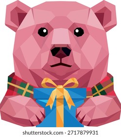 Rosa Teddybär mit Geschenkbox Low Poly Christmas Vector