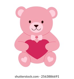 A pink teddy bear with a heart in its chest. The bear is wearing a bow tie and has a smile on its face