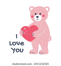 Pink teddy bear and heart. Postcard for Valentine's Day. Flat style. Vector illustration.