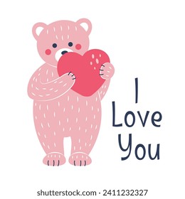 Pink teddy bear and heart. Postcard for Valentine's Day. Flat style. Vector illustration.