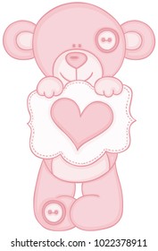 Pink teddy bear holding message with heart
