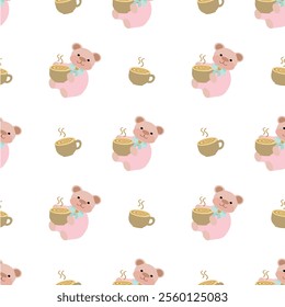 Pink teddy bear hug cup of coffee pattern for fabric and seamless background.