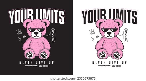 Pink teddy bear in pixel sunglasses and slogan for t-shirt design. Tee shirt with cartoon pink bear toy in cool pixelated sunglasses. Apparel print design. Vector.