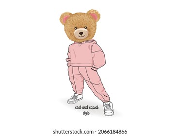 pink teddy bear toy casual style teddy bear vector art design hand drawn best friend forever fashion style sequin teddy bear red heart love yourself self confidence  slogan text and pink hearts design