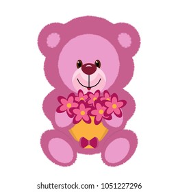 A pink teddy bear toy is holding a bouquet of flowers.
For greeting card.
Vector illustration