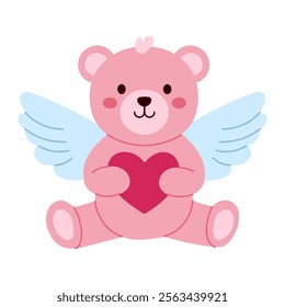 A pink teddy bear with wings and a heart. The bear is sitting on a white background