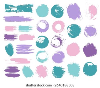 Pink tel paint stains brush stroke backgrounds set. Artistic vector design elements, boxes, frames for text, labels, logo. Hipster stickers, paintbrush grunge stamp label backgrounds, circle frames.
