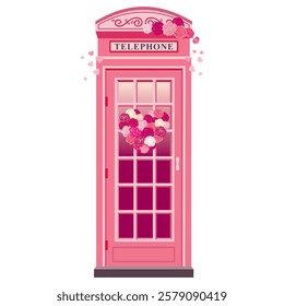 The pink telephone booth is decorated with a bouquet and a wreath of roses. Romantic city phone booth decorated for Valentine's day. Illustrated vector clipart.