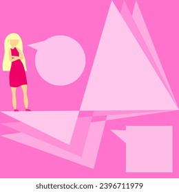 Plantilla rosa con chica, burbujas de voz, formas geométricas, ilustración vectorial.