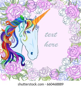 Pink template with hand drawn roses and unicorn with rainbow mane. Text copy frame template. It can be used for invitation, birthday, mother's day, St. Valentine's Day, greetings. Vector.