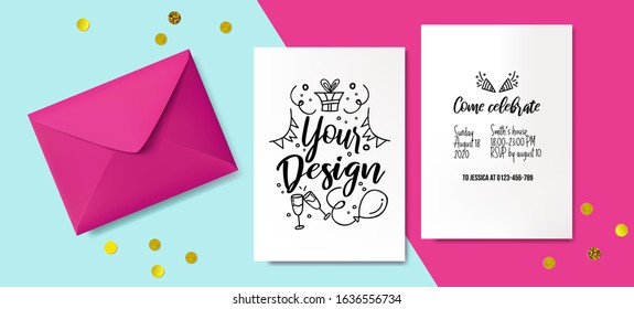 Pink template for invitation cards with golden decor vector illustration. Realistic envelope for inviting someone to party flat style. Come celebrate with us. Blank paper for design and place for text