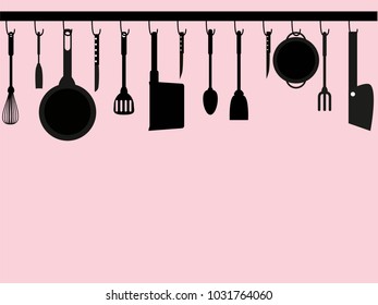 Pink template with the top border of hanging kitchenware