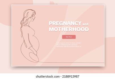 Pink tender banner of pregnancy and motherhood. Cute pregnant woman smiling side view. Landing page with text. Vector line illustration.