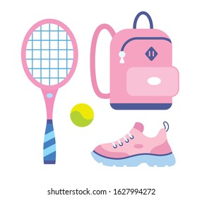 Pink tennis racket with ball, school bag or travel backpack, sneaker shoe, sport fitness equipment isolated flat vector.