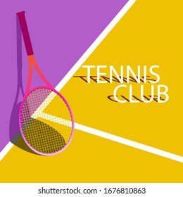 Pink tennis racket on a yellow and purple color tennis court. Bright background vector illustration. The concept of a tennis club, cover, poster, sports article, banner. 