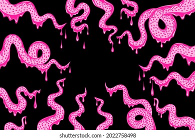 pink tentacles of a monster with dripping slime on a black background. Halloween banner