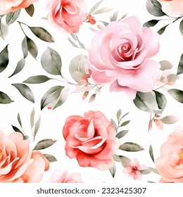 Pink and Terra Colorful Roses Floral Watercolor Seamless Pattern Wallpaper Background Vector
