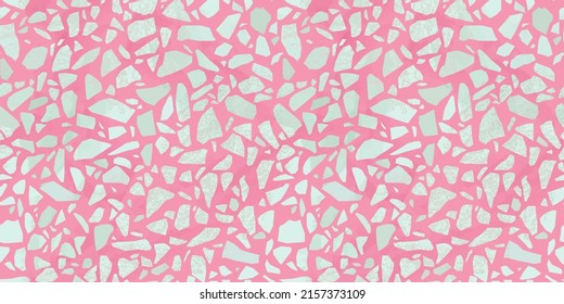 Pink terrazzo flooring seamless pattern with colorful marble rocks. Realistic interior material background of mosaic stone. Trendy fashion print wallpaper for textile project or web backdrop.
