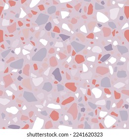 El suelo de terrazo rosado es transparente. Textura vectorial del suelo de mosaico con piedras naturales, granito, mármol, cuarzo. Superficie clásica italiana del suelo. Diseño de repetición a la moda para cerámica, decoración casera, impresión
