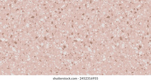 Suelo de terrazo rosa patrón sin fisuras. Textura de Vector de piso de mosaico con piedras naturales, granito, mármol, cuarzo rosa. Suelo clásico italiano. Diseño de repetición de moda para cerámica, decoración del hogar