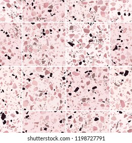 Pink terrazzo marble seamless pattern with square tiles. Vector texture of mosaic floor with natural stones, granite, marble, quartz. Trendy repeat design for home decor, flooring, interior, ceramic