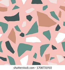 Pink terrazzo seamless pattern. Colored stones. Vector abstract white background with chaotic polished pebble. Marble texture in pastel colors.