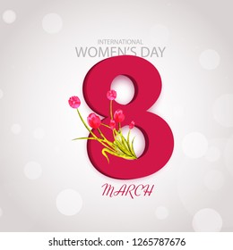 Pink text 8 March with tulip flowers on glossy bokeh background for International Women's Day celebration.