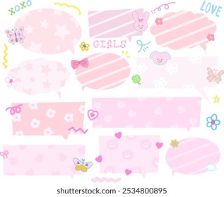 Pink text bubbles with bunny, butterfly, puppy, flowers, ribbon for cartoon, comic, chatting, dialogue, masking tape, stickers, communication, back to school, name tag, kids and children, animals