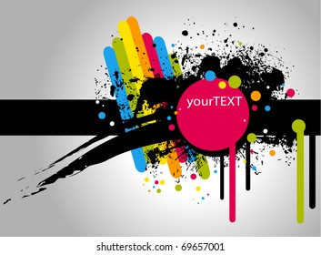 pink text frame with stains and rainbow