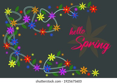 Pink text "hello spring" on a dark background with colourful flowers and green leaves.