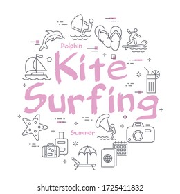 Pink text Kite Surfing with linear summer time icons