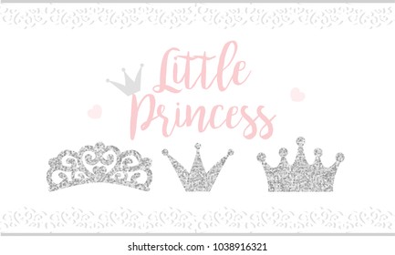 Pink Text Little Princess On White Background With Lace. Cute Silver Glitter Texture. Grey Gloss Effect. Birthday Party And Girl Baby Shower Decor.