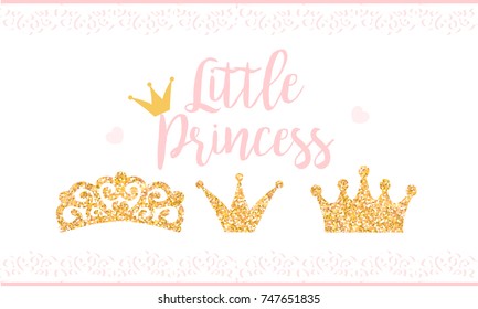 Pink Text Little Princess On White Background With Lace. Cute Gold Glitter Texture. Golden Gloss Effect. Birthday Party And Girl Baby Shower Decor.