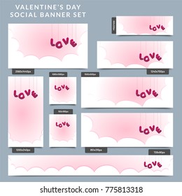 Pink text LOVE hanging in social banner set for Valentines Day concept.