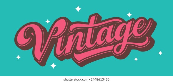 Pink Text "Vintage" in Groovy retro style. Vintage hippie 70s 80s aesthetic theme. Teal background. Vector editable illustration.