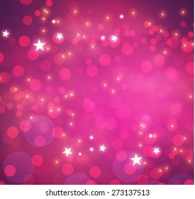 Pink texture. Bokeh holiday background with stars. Vector illustration