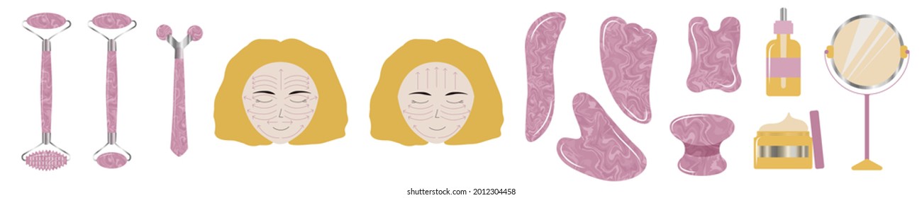 Rollo facial de mármol rosa y juego de herramientas y equipos de gua sha. Muchacha blanca rubia haciendo ejercicio facial con direcciones.