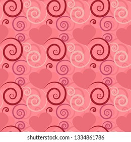 Pink textured beautiful seamless pattern tile with hearts and flourish designs for festive surface designs, textiles, fabric, background, wrapping paper, gift card, invitations, weddings and wallpaper